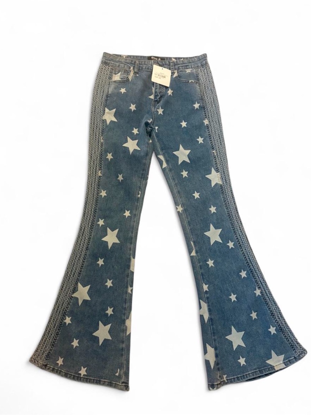NWT boutique white/blue star print flare jeans size 7/8 waist measures at 28